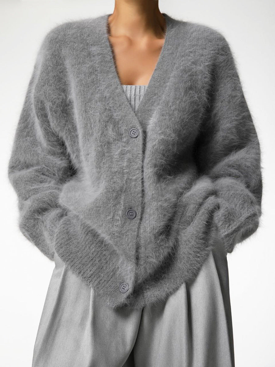 Fuzzy V-Neck Cardigan - Button Front and Relaxed Fit