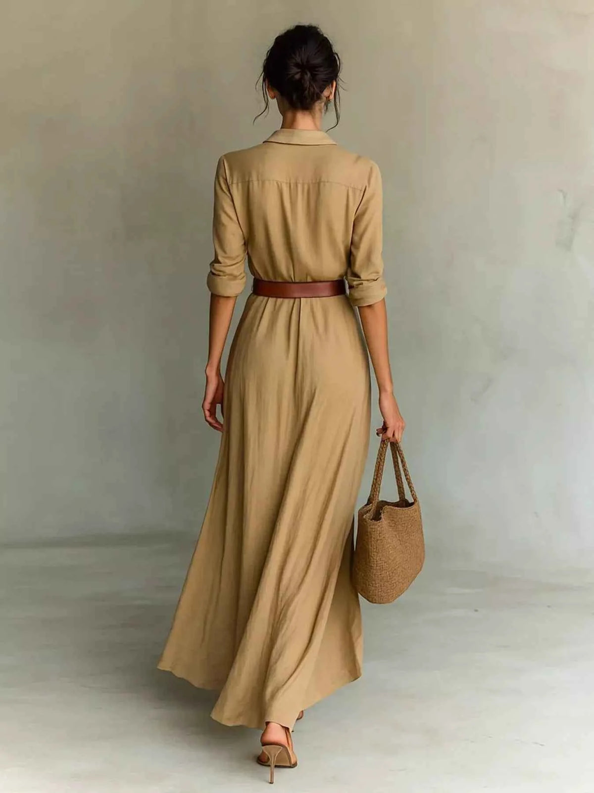 Button Front Belted Shirt Maxi Dress - Deep V Collar