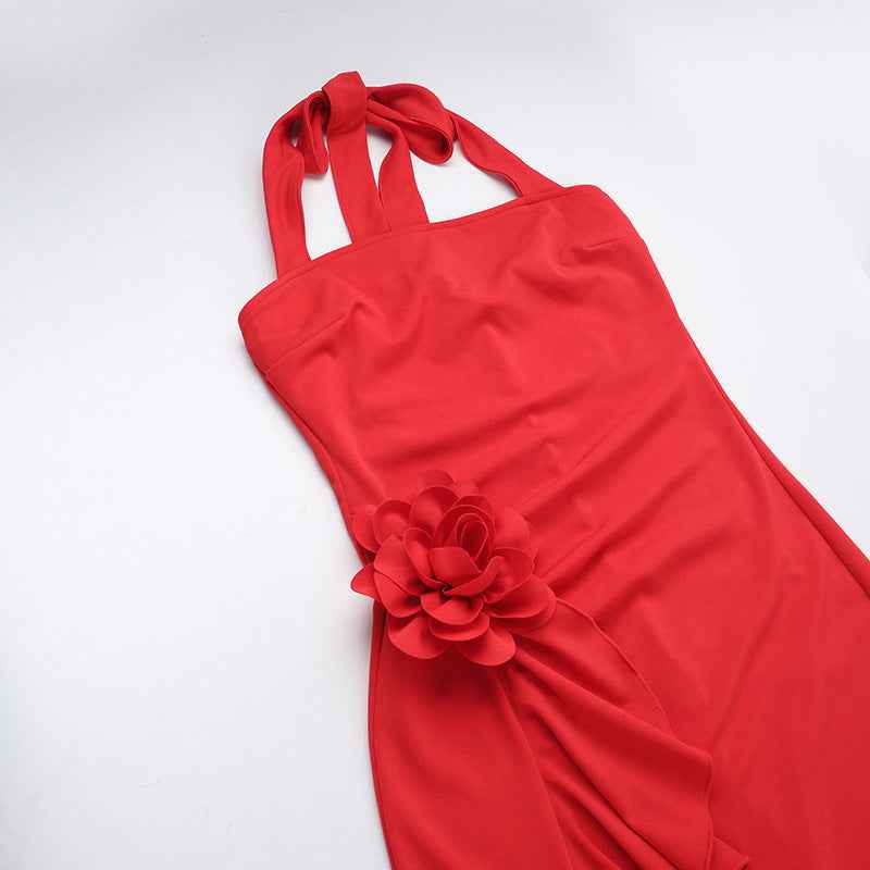 Elegant Three-dimensional Flower Maxi Dress - Sleeveless Halter