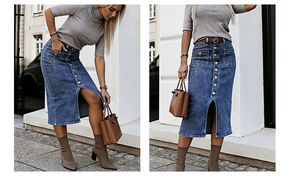 Button Front Denim Midi Skirt - Bodycon Fit Front Slit Patch Pockets