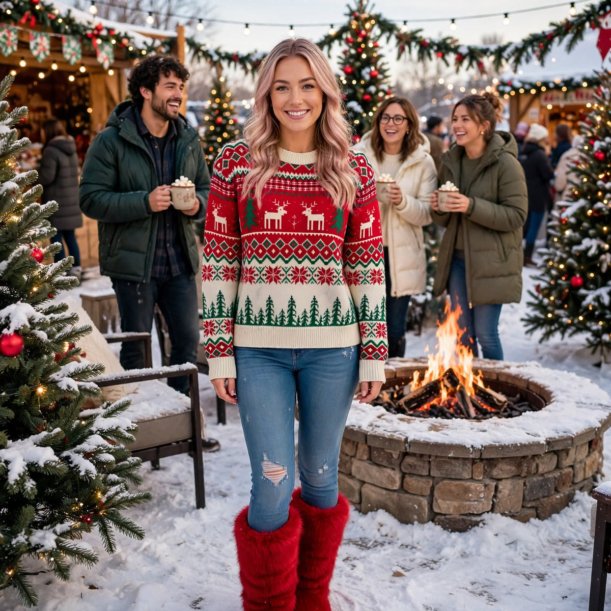 Red reindeer Christmas knit sweater with tree pattern banding, crew neck and ribbed trim