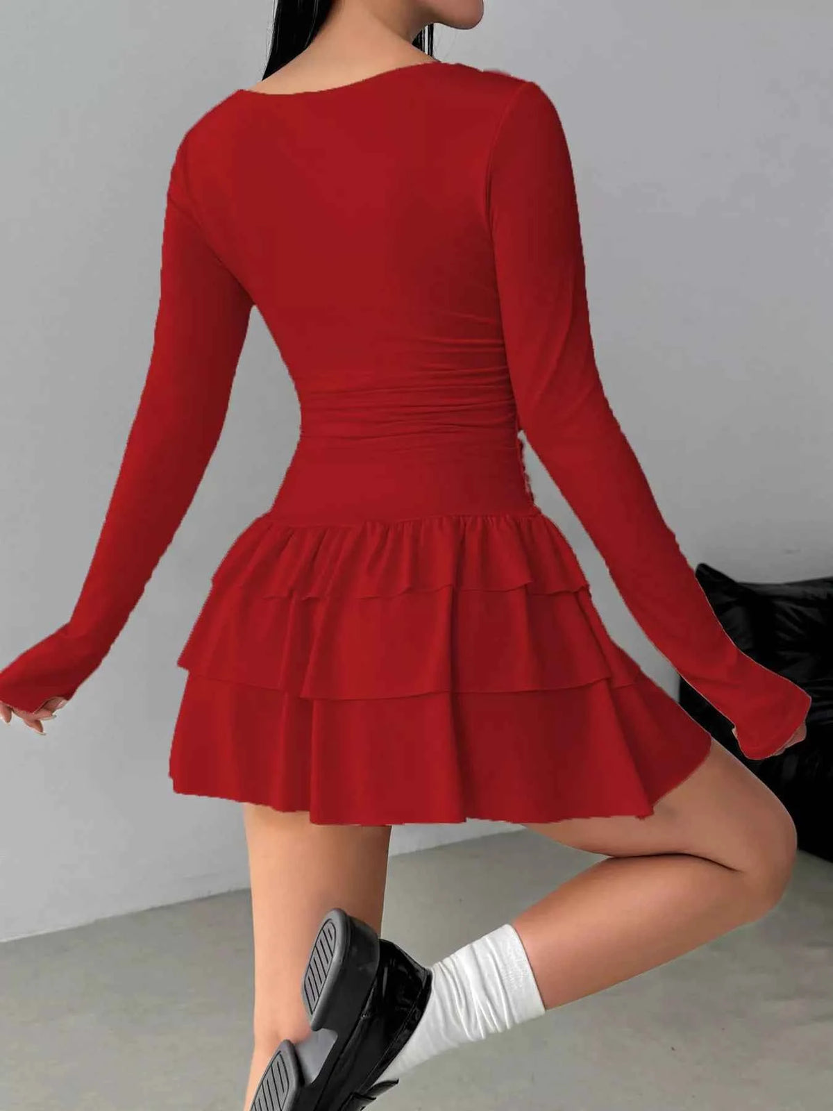 Tiered Ruffle Mini Dress - Ruched Waist & Long Sleeves