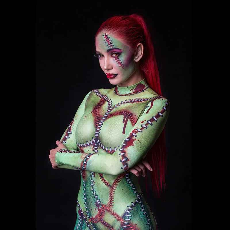 Green Zombie Stitch Catsuit - 3D Frankenstein Jumpsuit