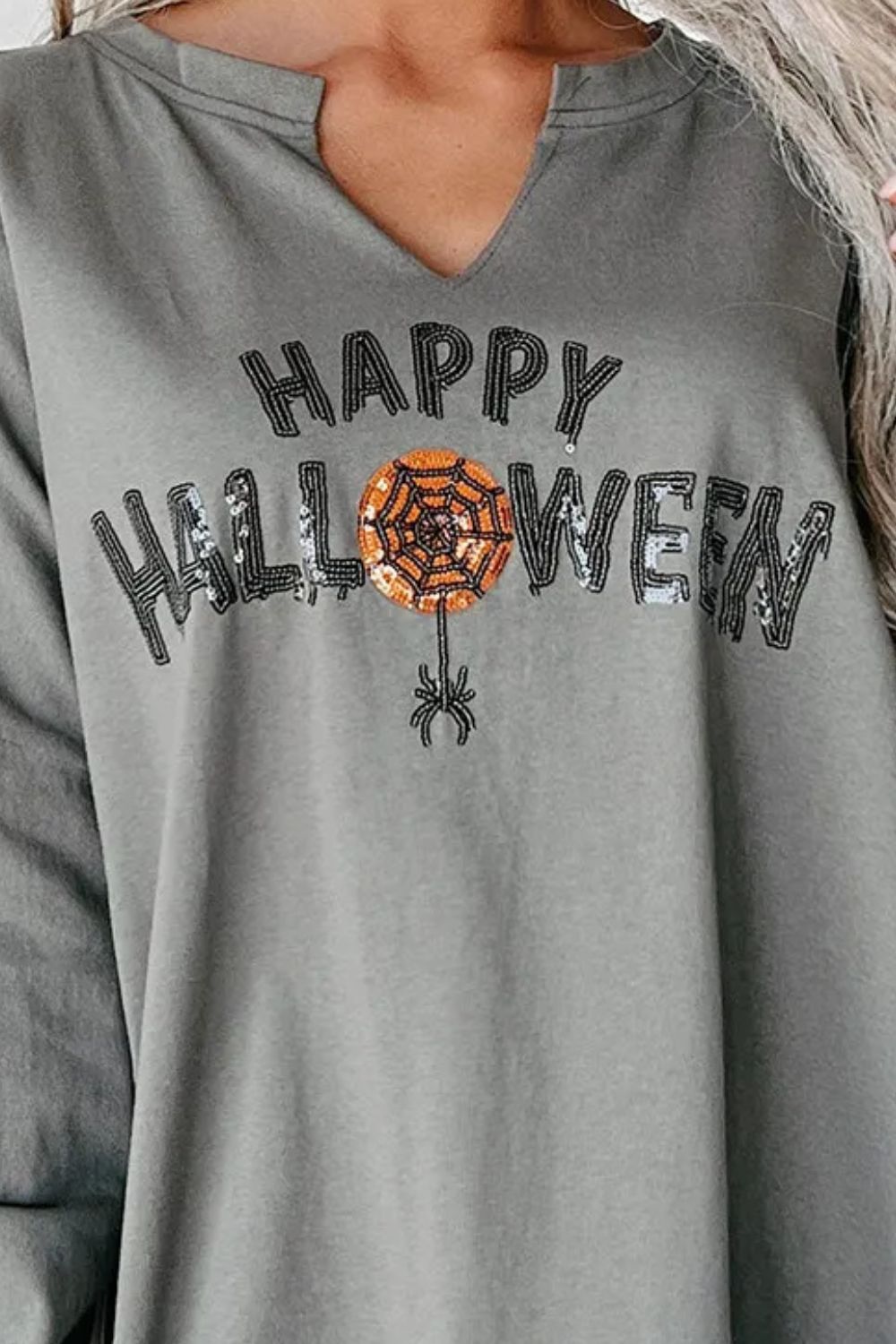 Sequin Letter Graphic Notched Long Sleeve Sweatshirt - Fashions Envy