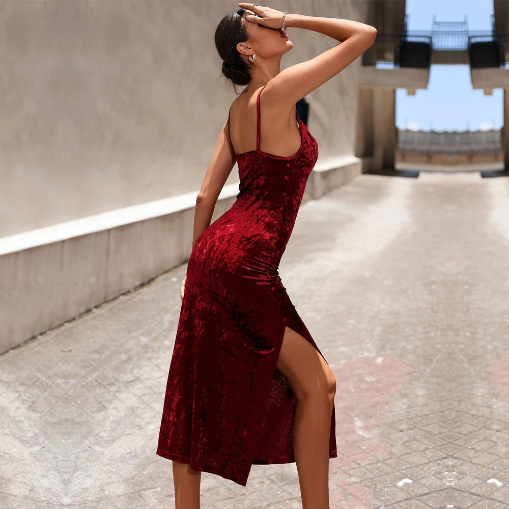 Velvet Elegance Dress - Buttoned Camisole Midi