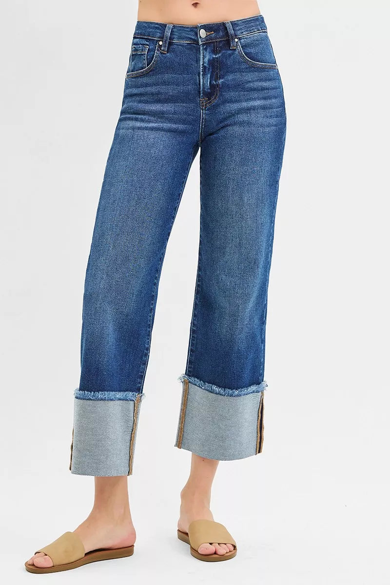 RISEN Full Size Mid Rise Crop Wide Wide Cuffed Jeans Plus Size - Fashions Envy