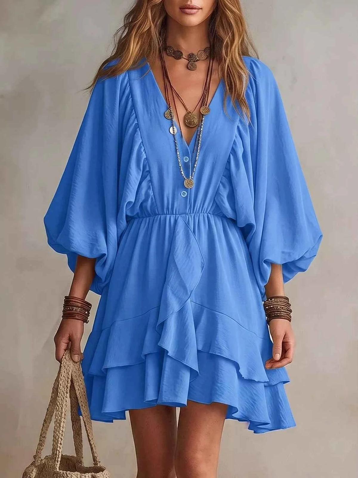 Blue Balloon Sleeve Mini Dress - Tiered Ruffle Hem