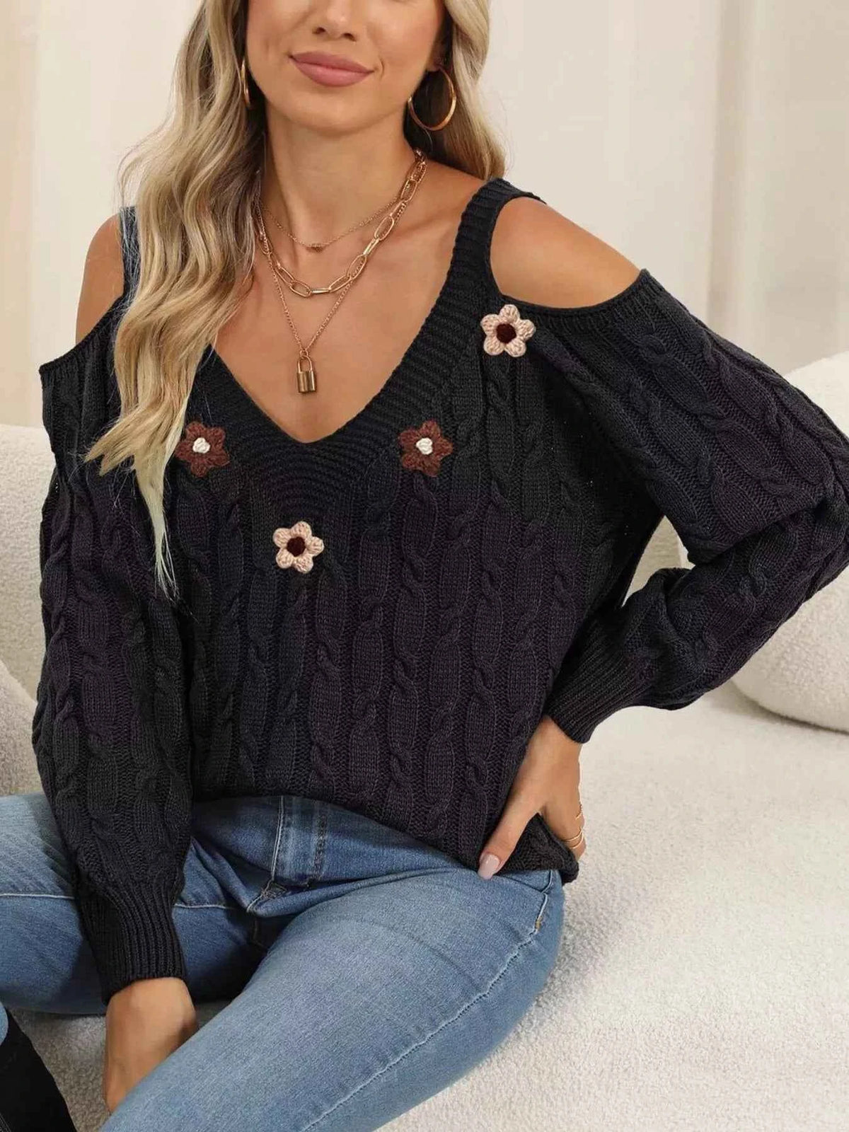 Cold Shoulder Cable Knit Sweater - Floral Applique Detail