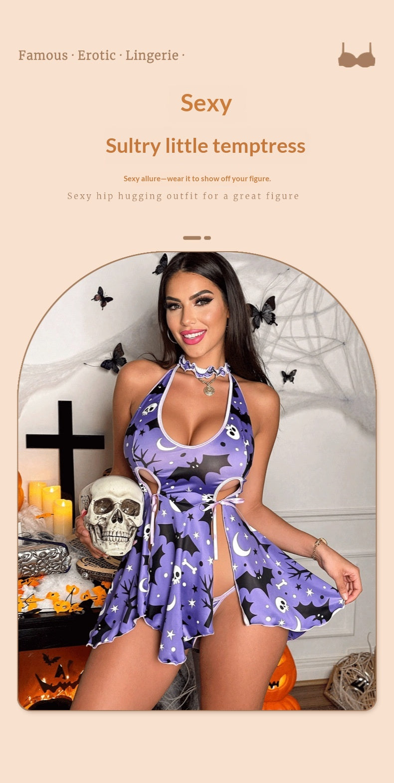 Purple bat-print halter lingerie dress with flared skirt and side tie strings
