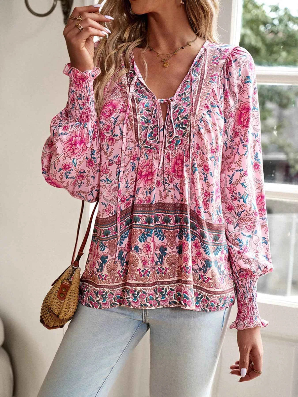 Boho Floral Tie-Neck Blouse - Smocked Cuff Balloon Sleeve Top