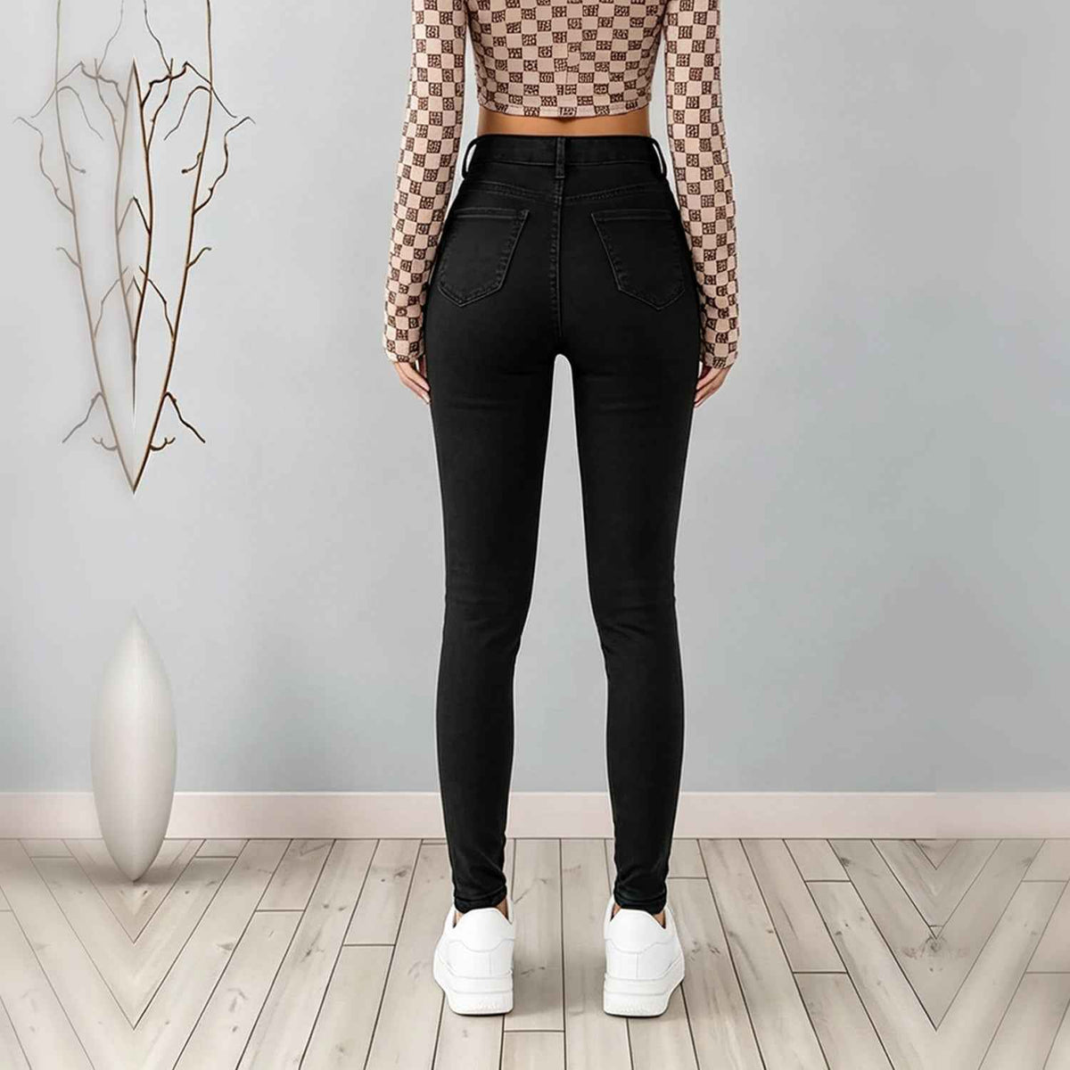 Black High-Rise Skinny Jeans - Ankle Cut and Pocket Detail