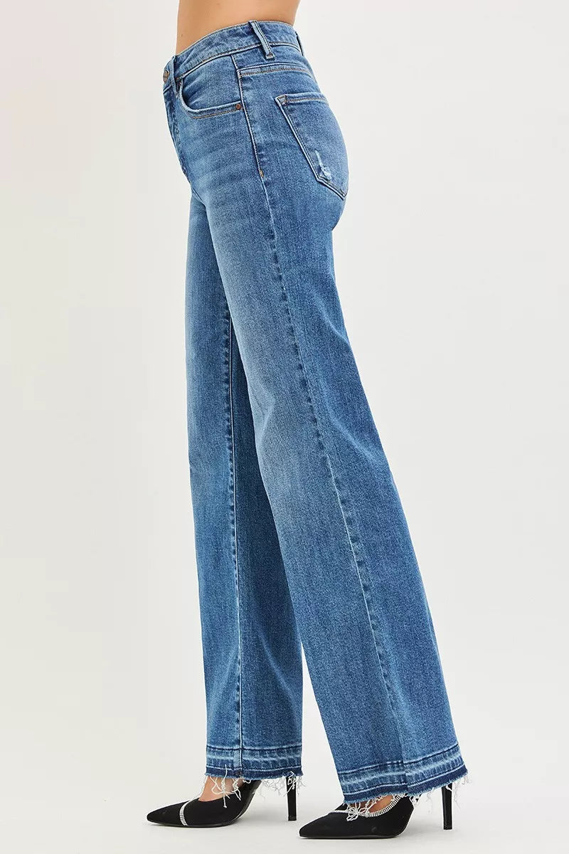 RISEN Wide Leg Jeans - Women's High Rise Released Hem - Fashions Envy