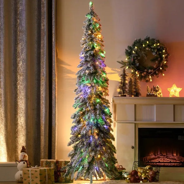 Snow Flocked Pencil Christmas Tree - 6 FT Pre-Lit
