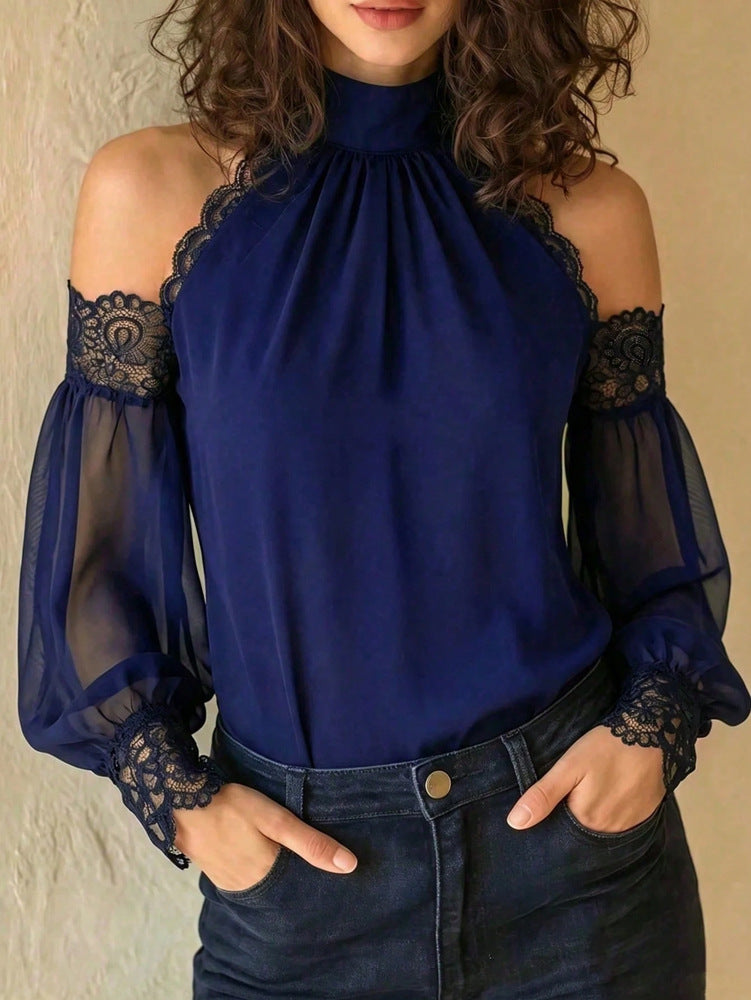 Lace-Trim Cold-Shoulder Blouse - Sheer Balloon Sleeves