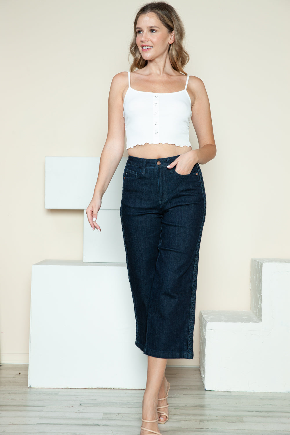 Judy Blue Full Size Side Seam Braid Detail Crop Wide Leg Jeans - Fashions Envy
