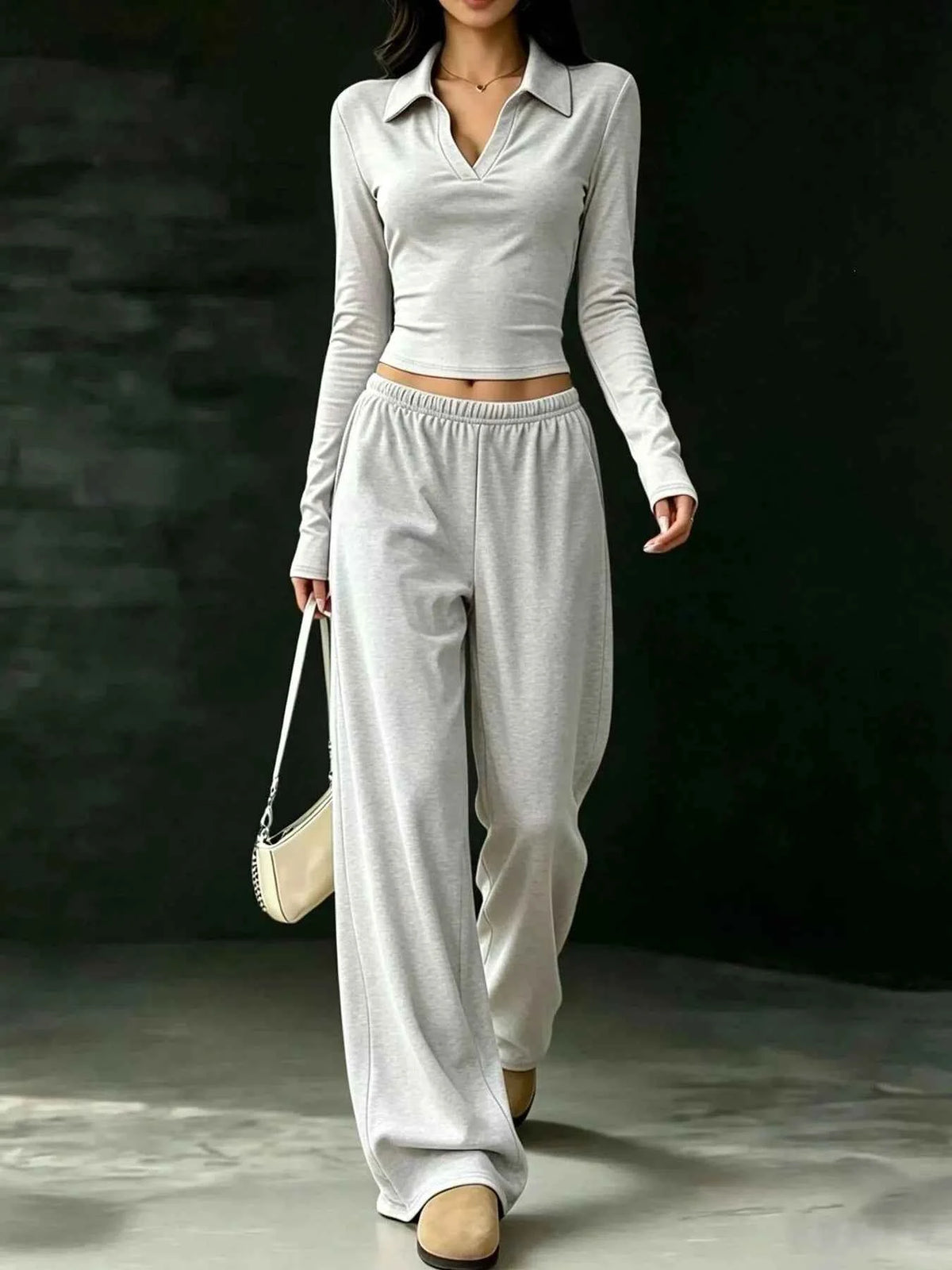Long Sleeve Polo Wide Leg Set - Cropped Top Relaxed Pants