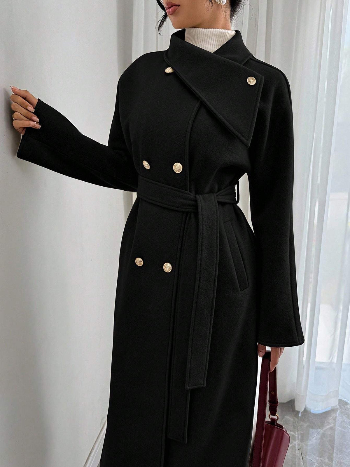 Double-Breasted Long Coat - Waist Tie & Wide Lapels