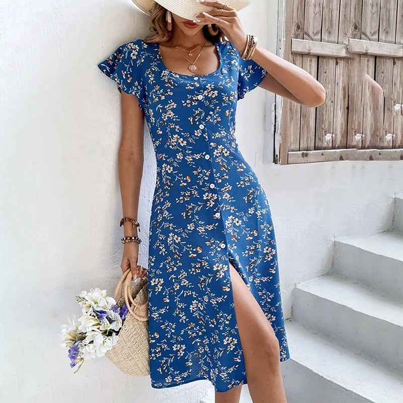Bohemian Floral Print Midi Dress - Flowy Button Up