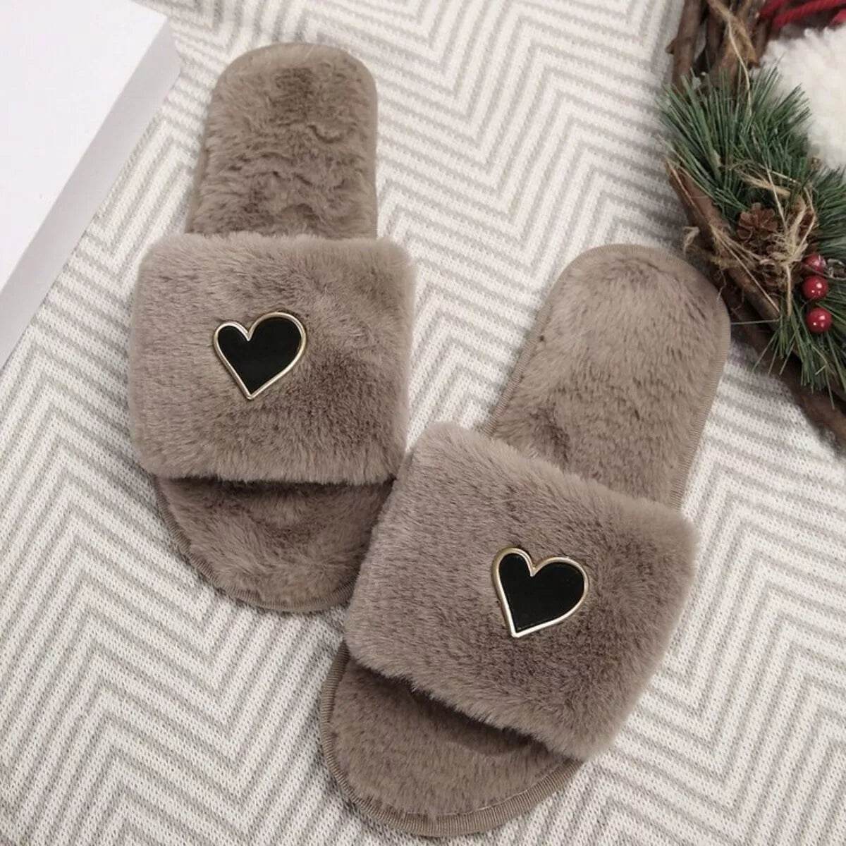 Heart Open Toe Flat Slippers - Cozy PU Leather Slippers - Fashions Envy