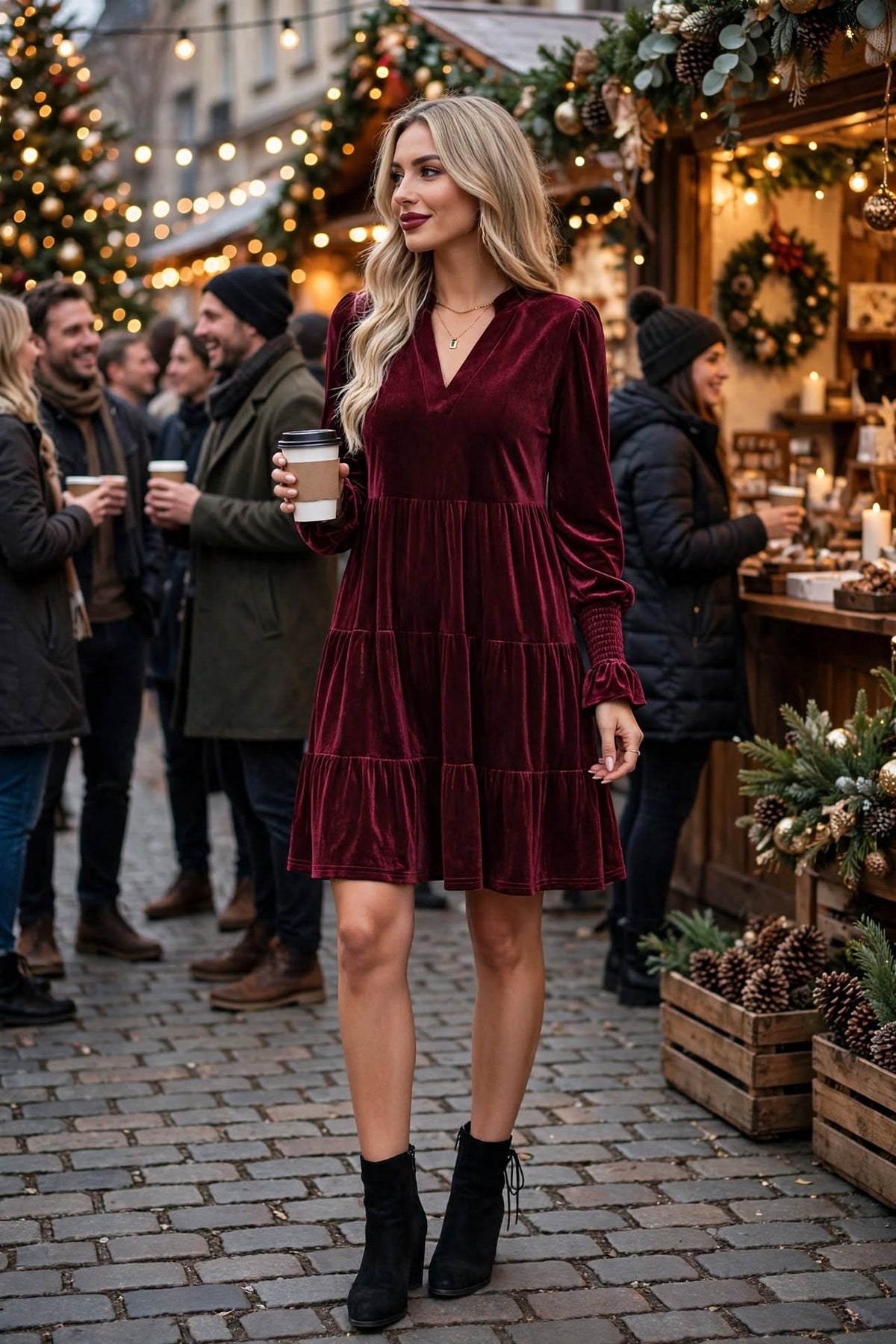 Christmas Velvet Mini Dress - Tiered Skirt and Ruffle Cuffs