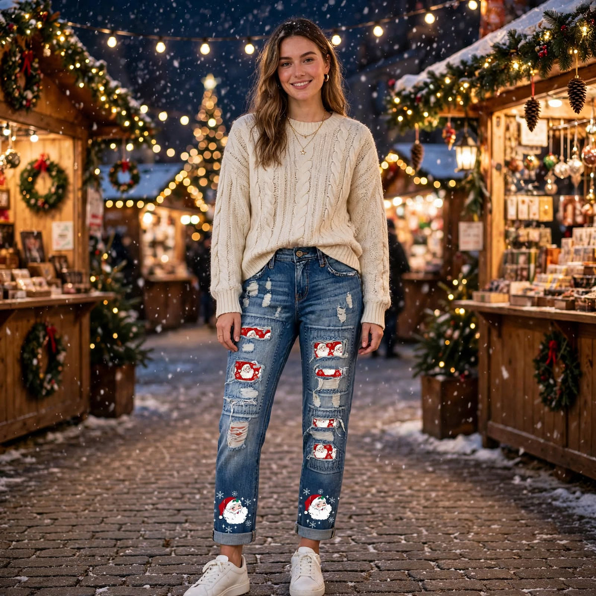 Blue distressed denim jeans with Santa patch panels and ripped detailing at knees