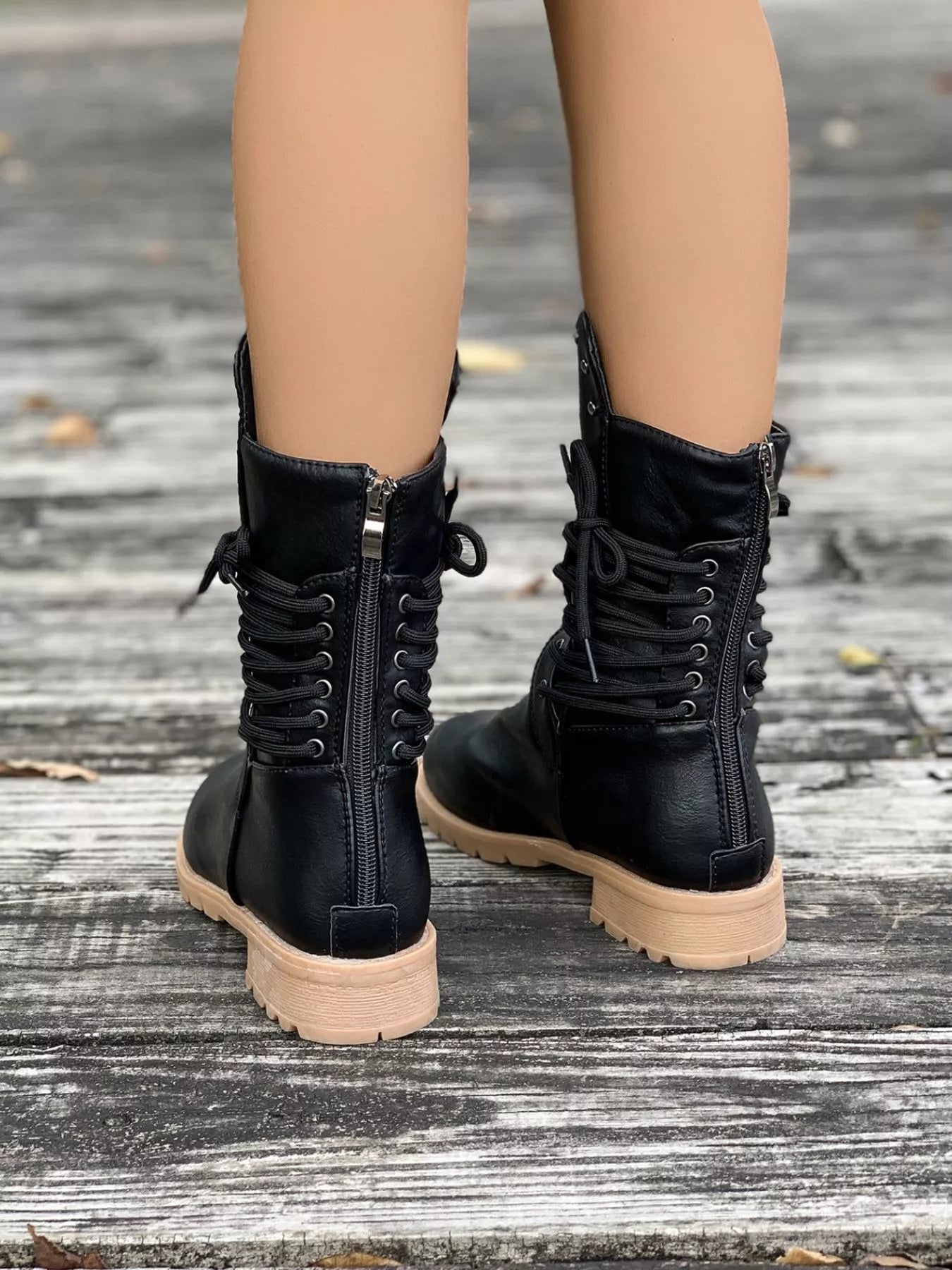 Trendsi Low Heel Stylish Boots in Black with Lace-Up Detailing and Zipper Back