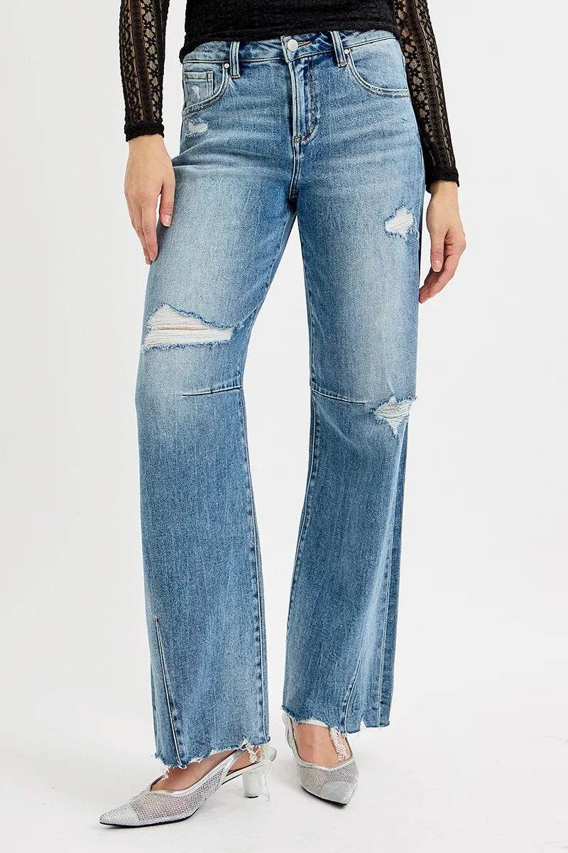 RISEN Full Size Mid Rise Fit Wide Baggy Leg Tie Washed Jeans - Fashions Envy