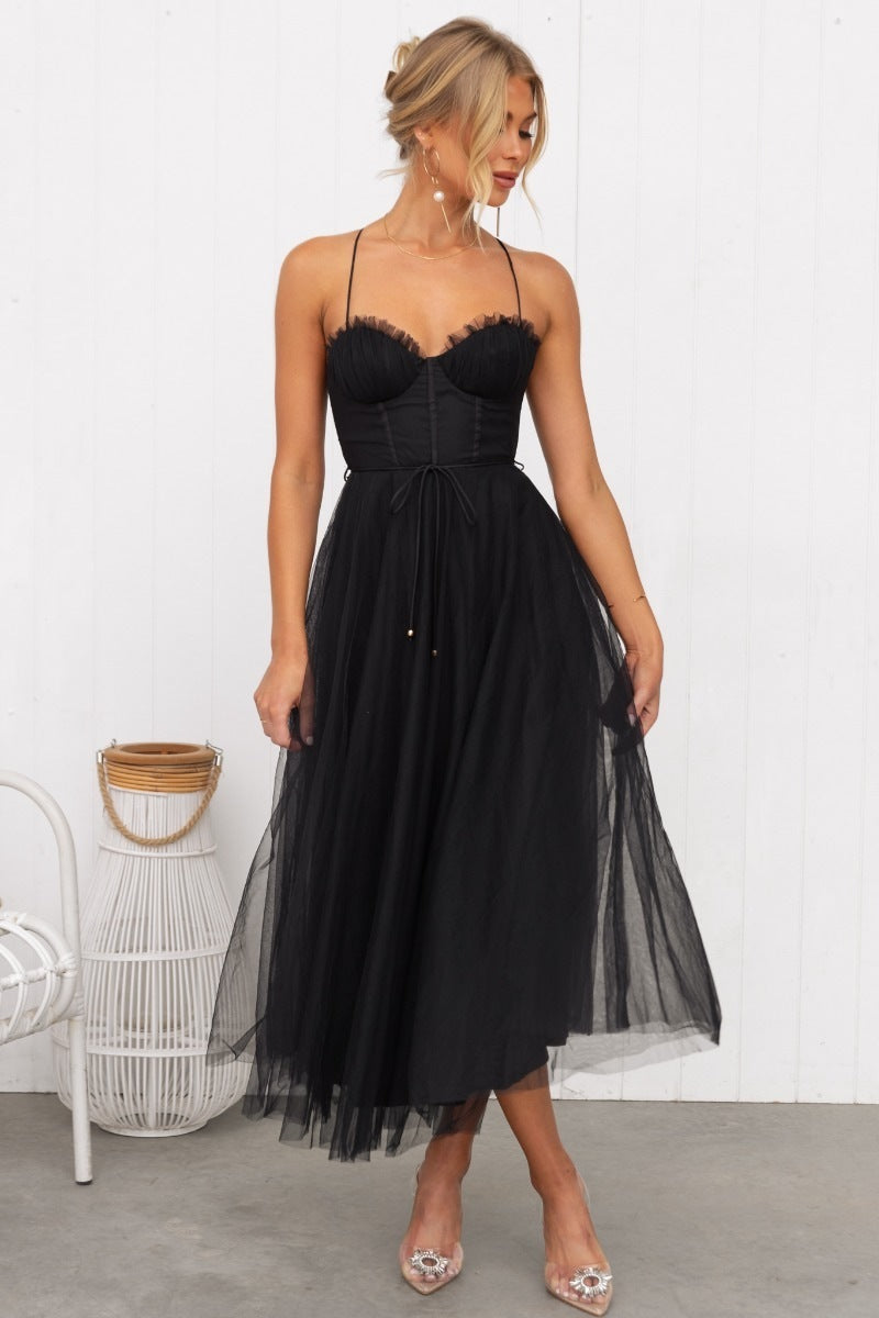 Elegant black Mesh Party Evening Dress with a fitted bodice and flowing tulle skirt for special occasions