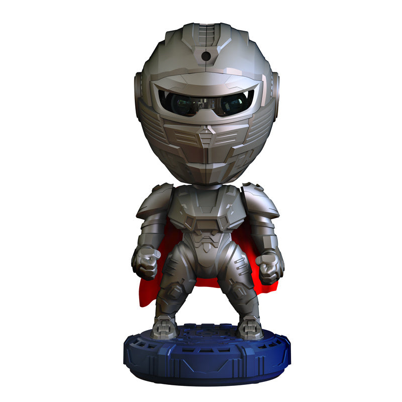 Trendsi mecha samurai night light metallic silver robot samurai figure with red cape on blue LED base