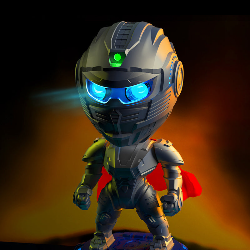 Trendsi mecha samurai night light featuring a chibi armored robot with blue LED eyes red cape and futuristic helmet