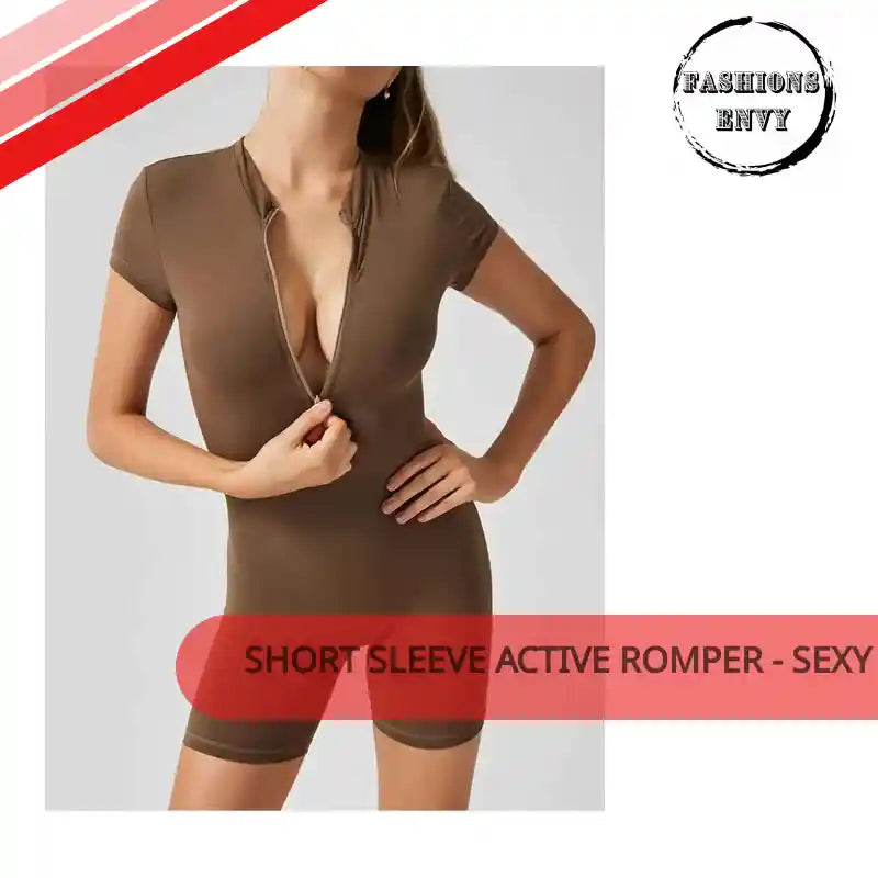 Load video: Short Sleeve Active Romper - Sexy Half Zip by@Outfy