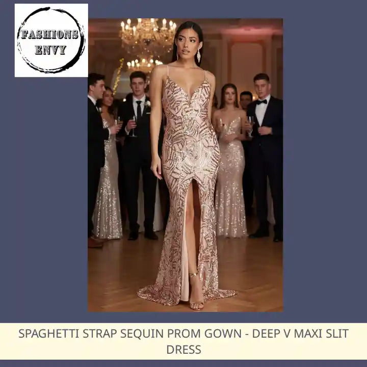 Load video: Spaghetti Strap Sequin Prom Gown - Deep V Maxi Slit Dress by@Outfy