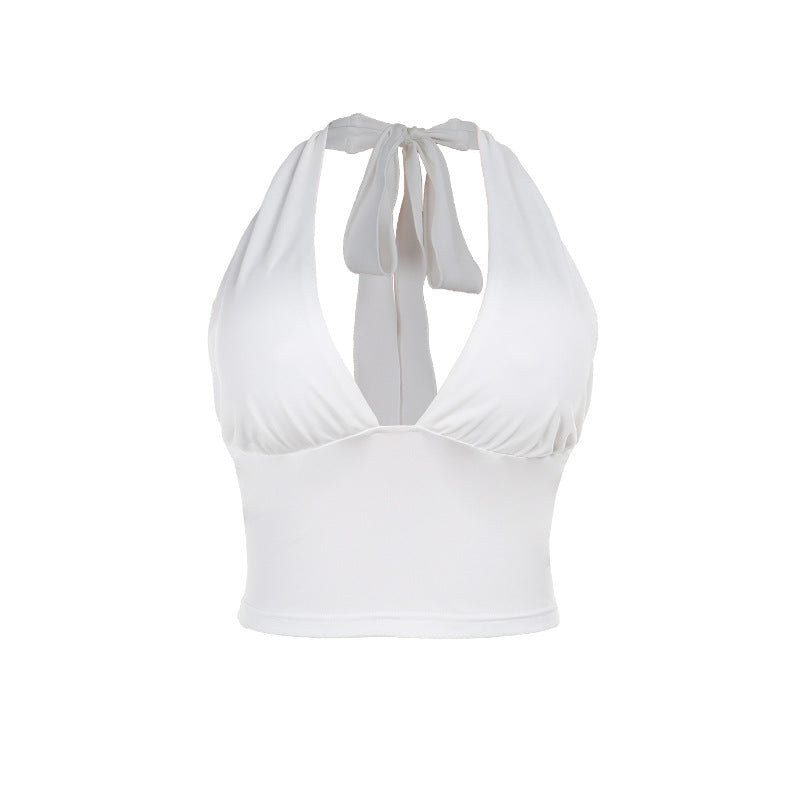 Trendsi white halter Stretch Crop Top with plunging neckline tie back and fitted stretchy fit