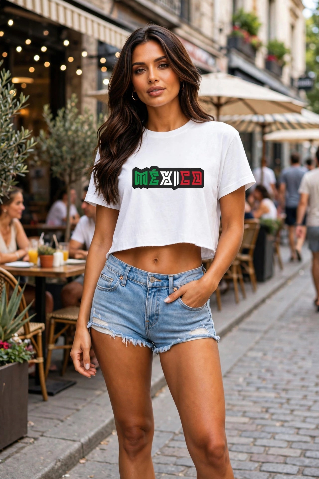Cropped Mexico Print T-Shirt - Cotton Short Sleeve