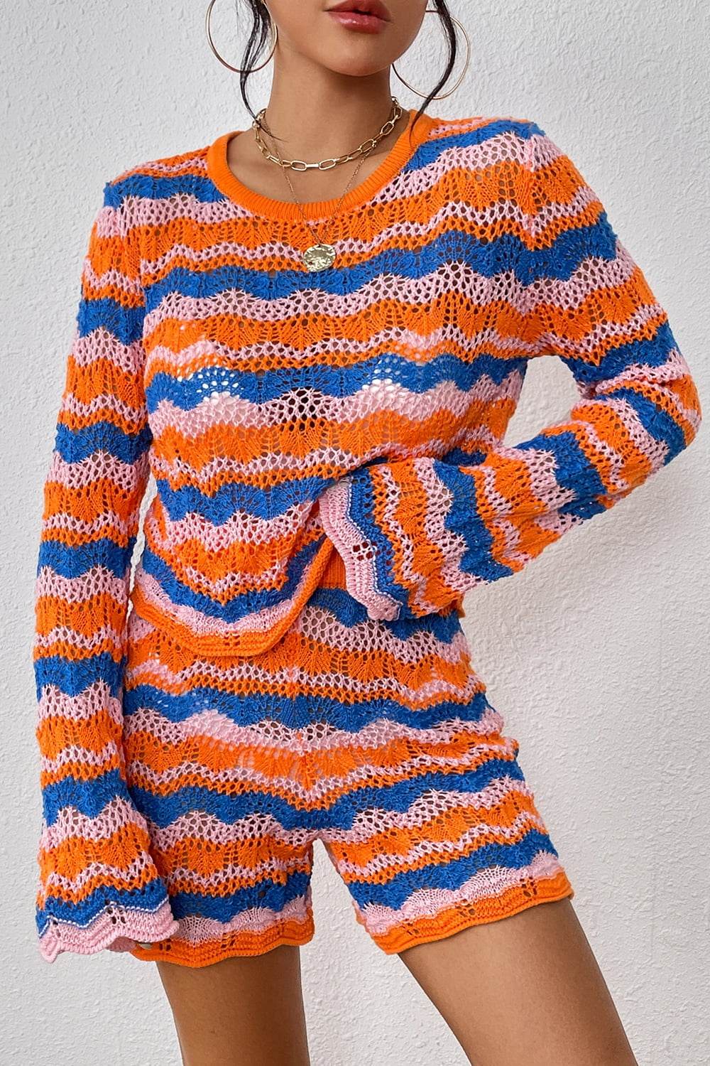 Trendsi Colorful Sweater and Knit Shorts Set with Wavy Pattern for Stylish Summer Outfits