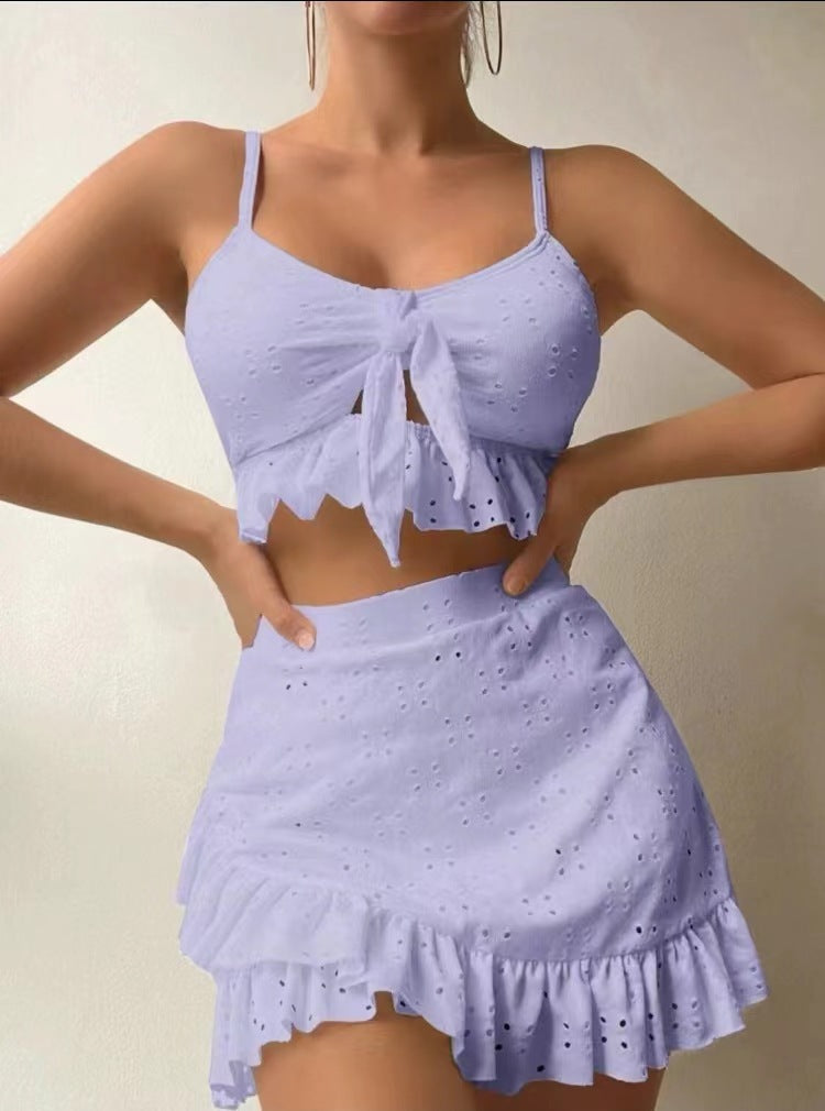 Trendsi women's lavender ruffle design beach bikini with eyelet fabric and adjustable straps