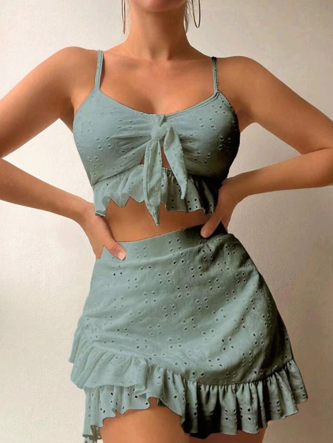 Trendsi Ruffle Design Beach Bikini in sage green with eyelet fabric and tie front top