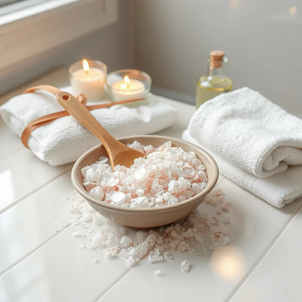 Shallow bowl of translucent bath salts with a wooden spoon, towel, and soft candlelight in a spa setting