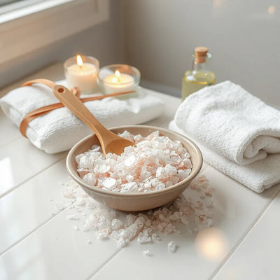 Shallow bowl of translucent bath salts with a wooden spoon, towel, and soft candlelight in a spa setting