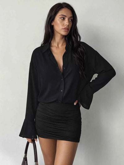 Black Shirt Mini Dress - Ruched Skirt & Flared Cuffs