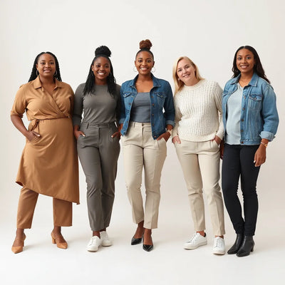 Diverse adults wearing flattering, comfortable outfits in a bright studio with confident poses