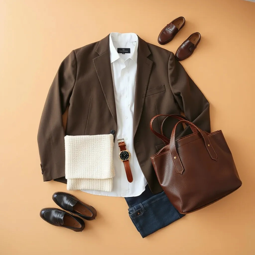 Classic wardrobe essentials laid out neatly, featuring a blazer, white shirt, denim, knit sweater, and leather loafers.