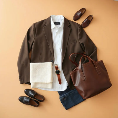 Classic wardrobe essentials laid out neatly, featuring a blazer, white shirt, denim, knit sweater, and leather loafers.