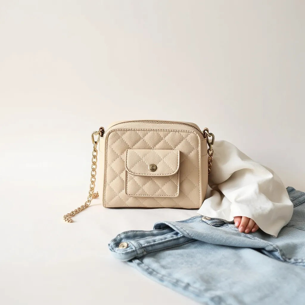 Mini quilted crossbody bag with adjustable strap styled next to a white blouse and denim jeans
