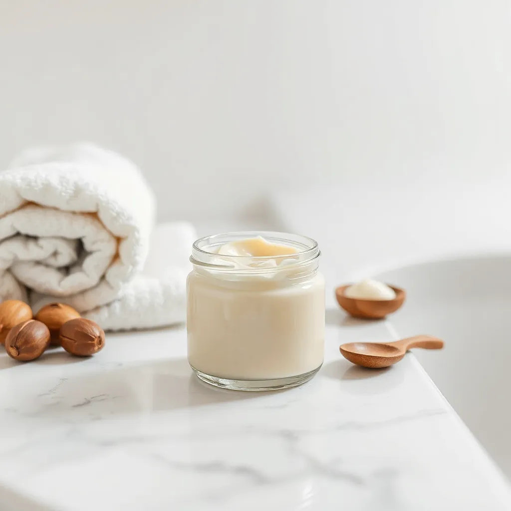 Creamy shea butter body cream in a jar with shea nuts and a wooden spoon on a clean vanity