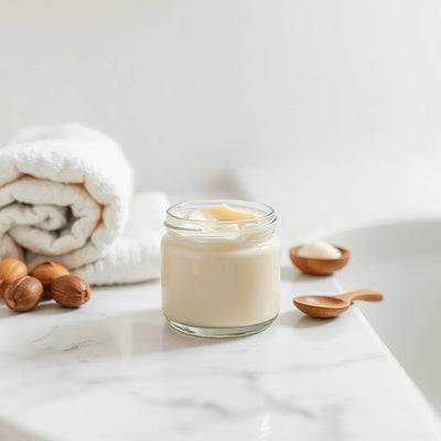 Creamy shea butter body cream in a jar with shea nuts and a wooden spoon on a clean vanity