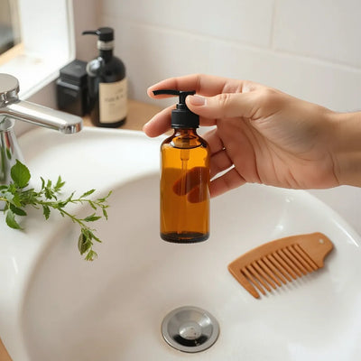 Amber herbal shampoo bottle with fresh botanicals and a wooden comb on a bathroom sink