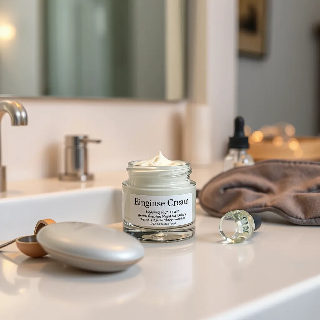 Glass jar of night cream and dropper bottle on a warm-lit vanity with soft skincare accessories