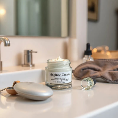 Glass jar of night cream and dropper bottle on a warm-lit vanity with soft skincare accessories