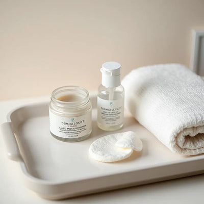 Moisturizer jar and pump bottle beside cotton pads on a clean vanity with calm, red-free skin.